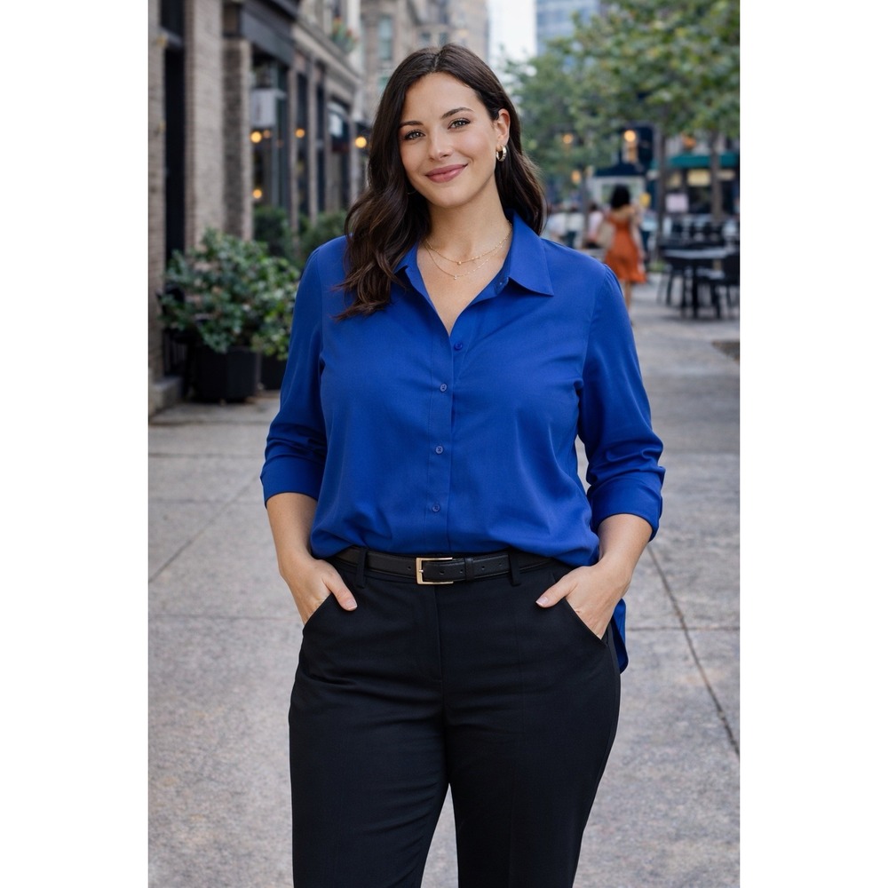 Lafayette 148 New York Royal Blue Split Neck Cuffed Sleeve Blouse Size M